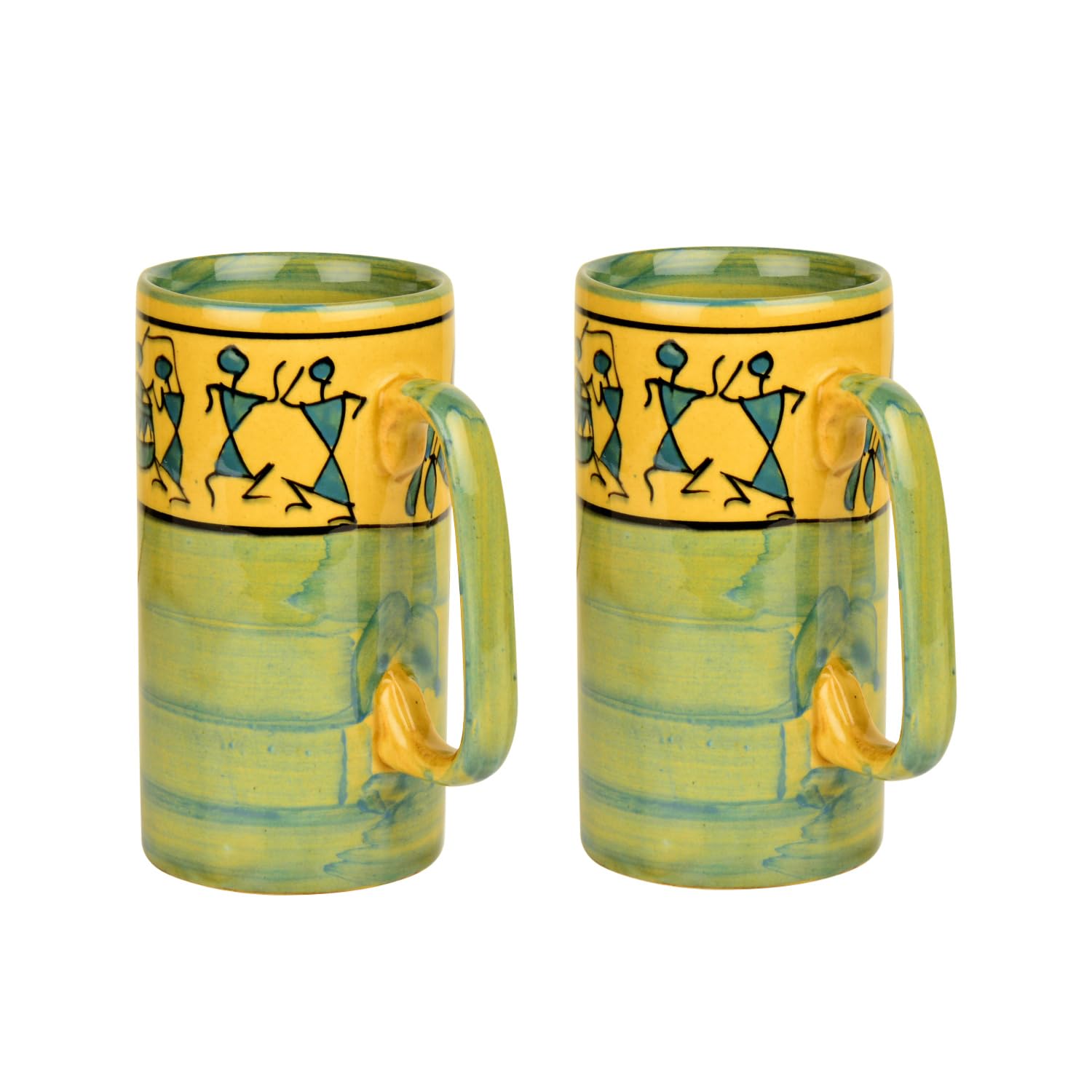 Ceramic Hand-Painted Worli Art Tall Beer Mugs Set Of 2 - 450ml Each, Green & Golden | Large Beer Glasses - Big Milk Mugs