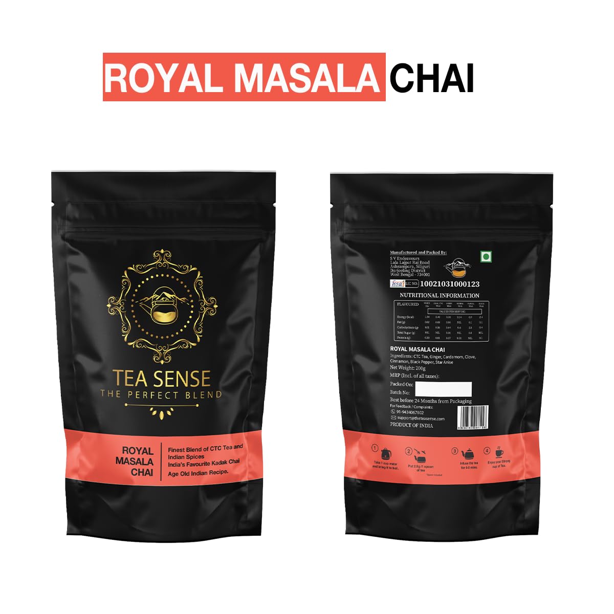 Tea Sense Royal Masala Chai - 200gm, 7.05 Ounce | Assam CTC, Ginger, Cardamom, Clove, Cinnamon, Black Pepper, Star Anise - Strong & Kadak Chai Patti, High Caffeine