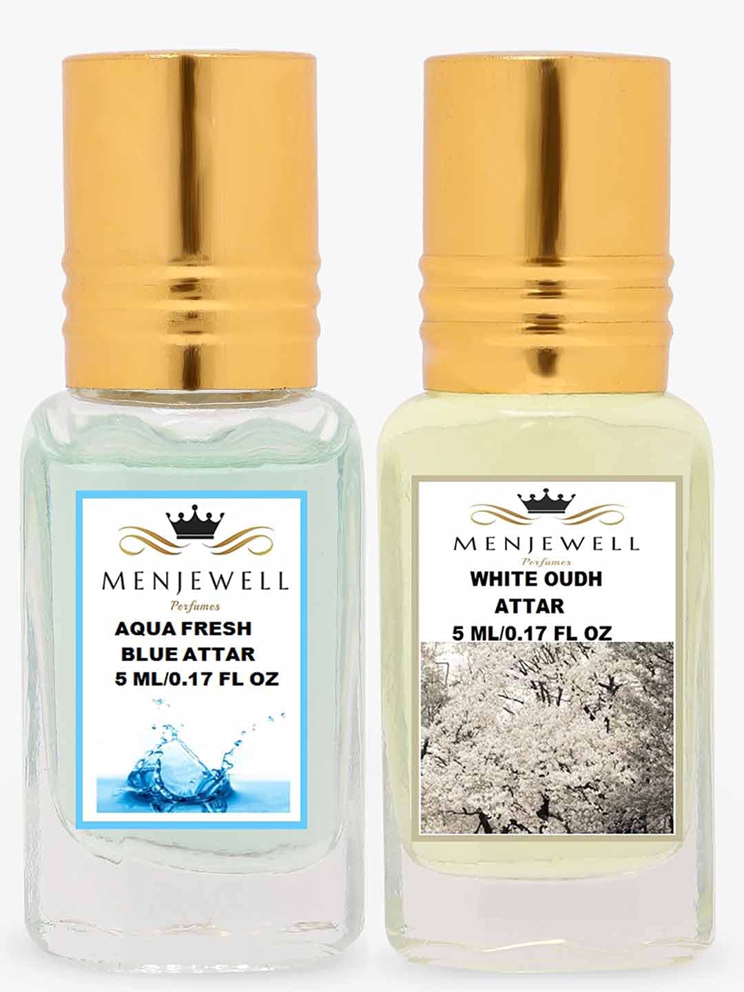 Menjewell Aqua Fresh Blue + White Oudh Attar Perfume 5ml 0.17 Fl.oz. Each Pack Of 2 Long Lasting | Alcohol Free | Unisex Fragrance