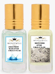 Menjewell Aqua Fresh Blue + White Oudh Attar Perfume 5ml 0.17 Fl.oz. Each Pack Of 2 Long Lasting | Alcohol Free | Unisex Fragrance