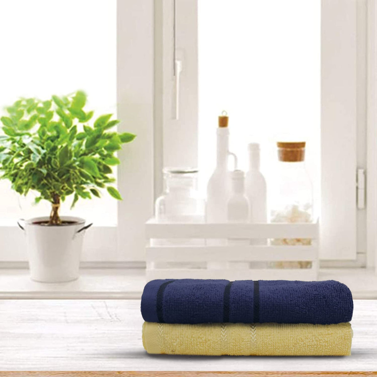 Sassoon Melrose 100% Cotton Hand Towel 400 Gsm | Highly Absorbent, Soft Material Perfect For Daily Use (Midnight & Lemon) -2 Piece