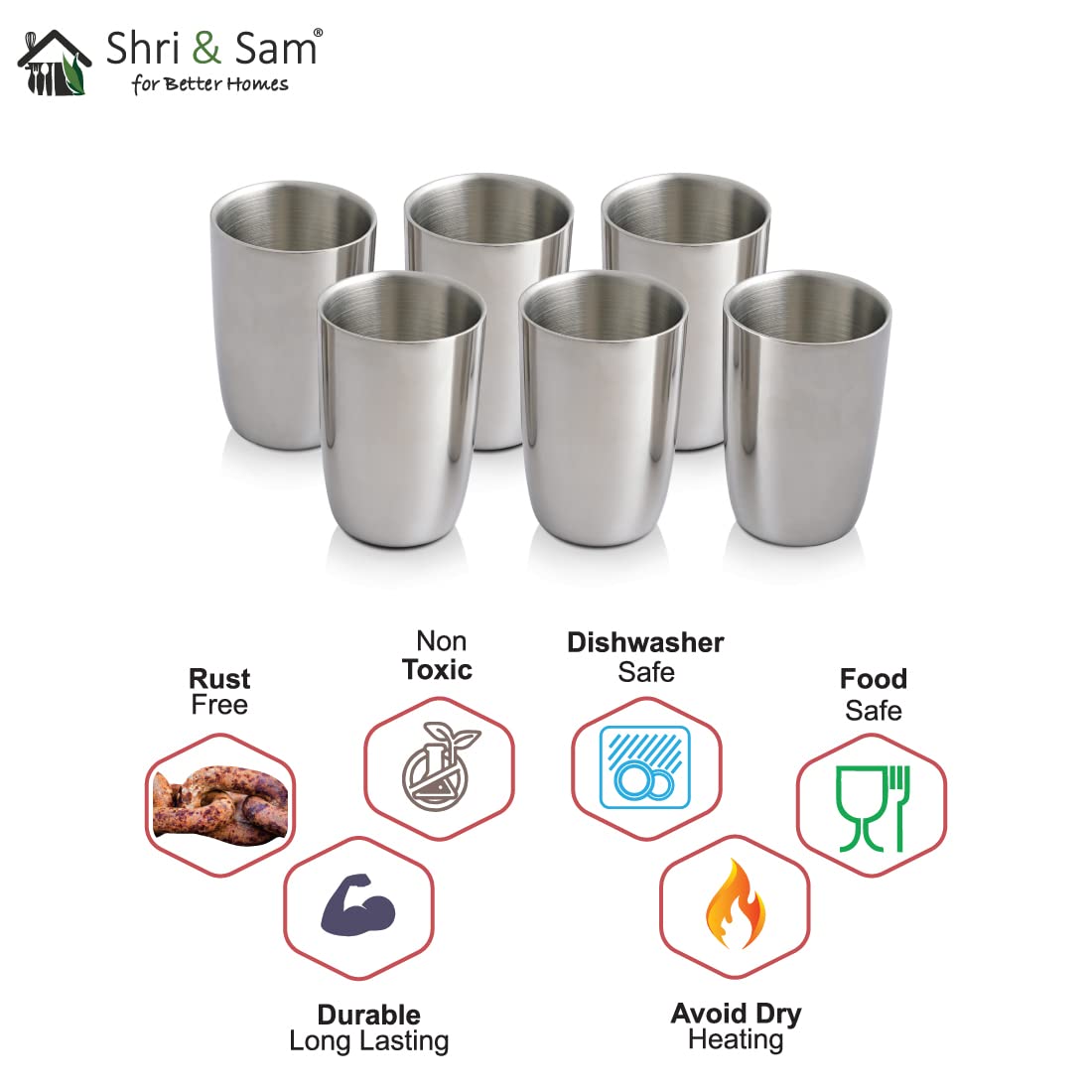 High Grade Stainless Steel Nikki Double Wall Glass Set Of 6 - Silver, 40ml Each | Easy To Clean & Dishwasher Safe