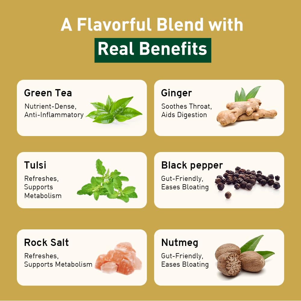 Handpick Vedic Detox Kahwa Green Tea With Rich Spice & Rocksalt - 100 Tea Bags | Blend Of 10 Real Ayurvedic Herbs - Tulsi, Ginger, Black Pepper, Clove, Nutmeg & Rock Salt | Medium Caffeine