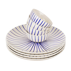 Ceramic Striped Dinner Serving 4 Plates With 4 Dinner Bowls Set Of 8 - White & Blue, Plate Diameter – 10 Inches | Plates & Bowls Set - Blue Kasa Line