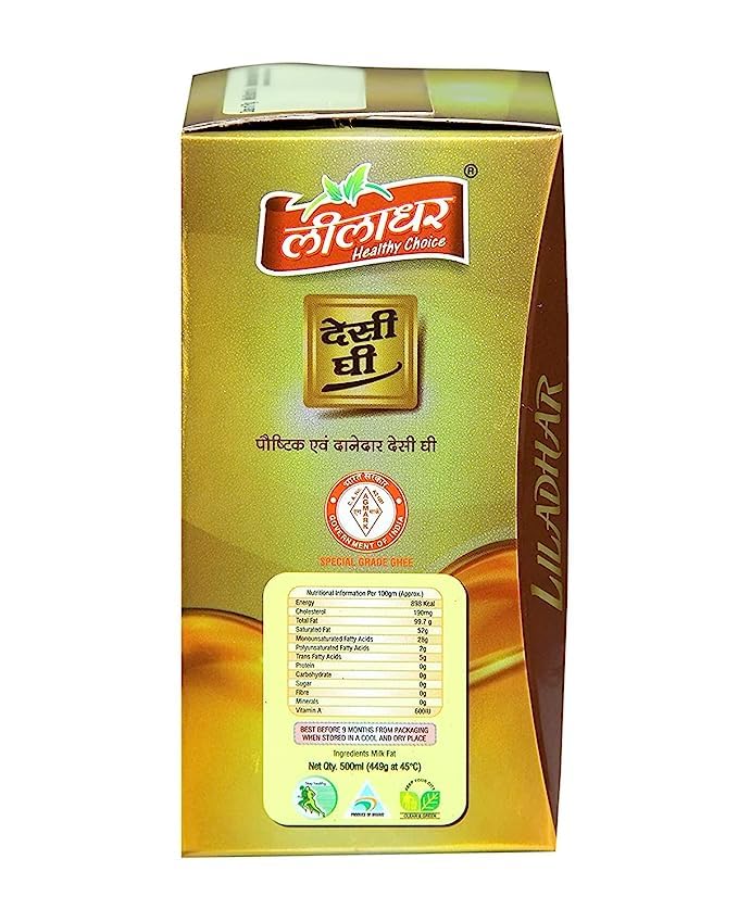 Pure Desi Ghee By Liladhar | Delicious & Nutrients Protein Fiber Healthy Desi Ghee For Improves Bone Health | 1 Litre (500ml * 2) 33.8 Ounce | Box Pack