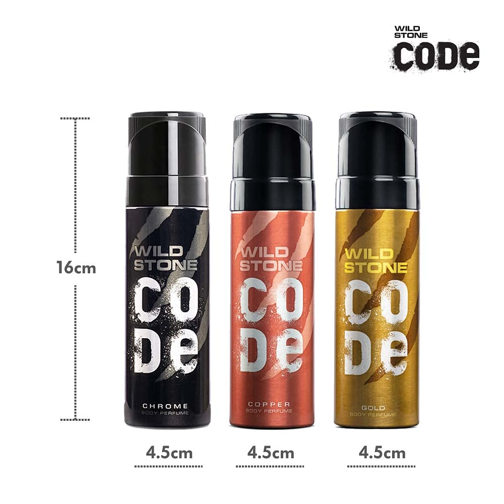 Wild Stone Code Chrome, Copper & Gold No Gas Body Perfume 360ml 12.1 Fl.oz. Pack Of 3 For Men