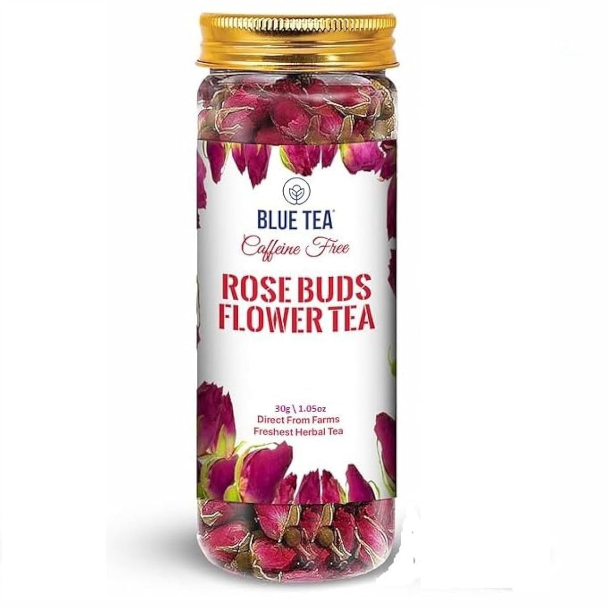 Blue Tea Caffeine Free Rose Buds Flower Herbal Tea - 30gm Pet Jar, 1.05 Ounce, 30 Cups | Non-GMO, Flower Based Detox Tea - Gluten Free | Beautiful Hair & Skin