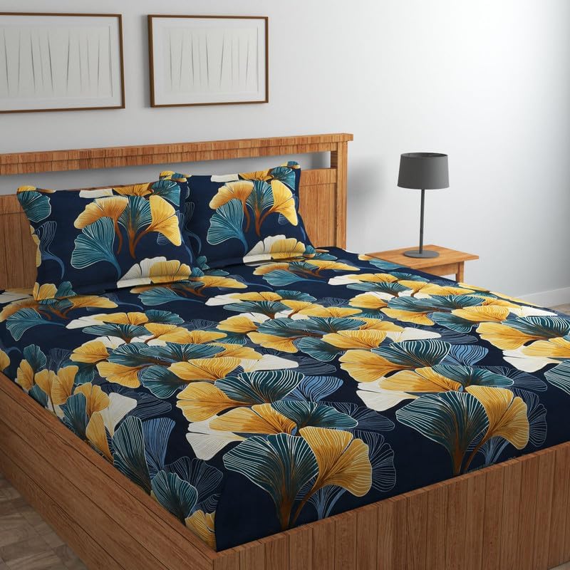 Printed King Size Double Bedsheet With 2 Pillow Covers | 78 X 72 Inches, Multicolor - Cotton Feel All Around Elastic Fitted Perfect For Use In A Home, Hotel