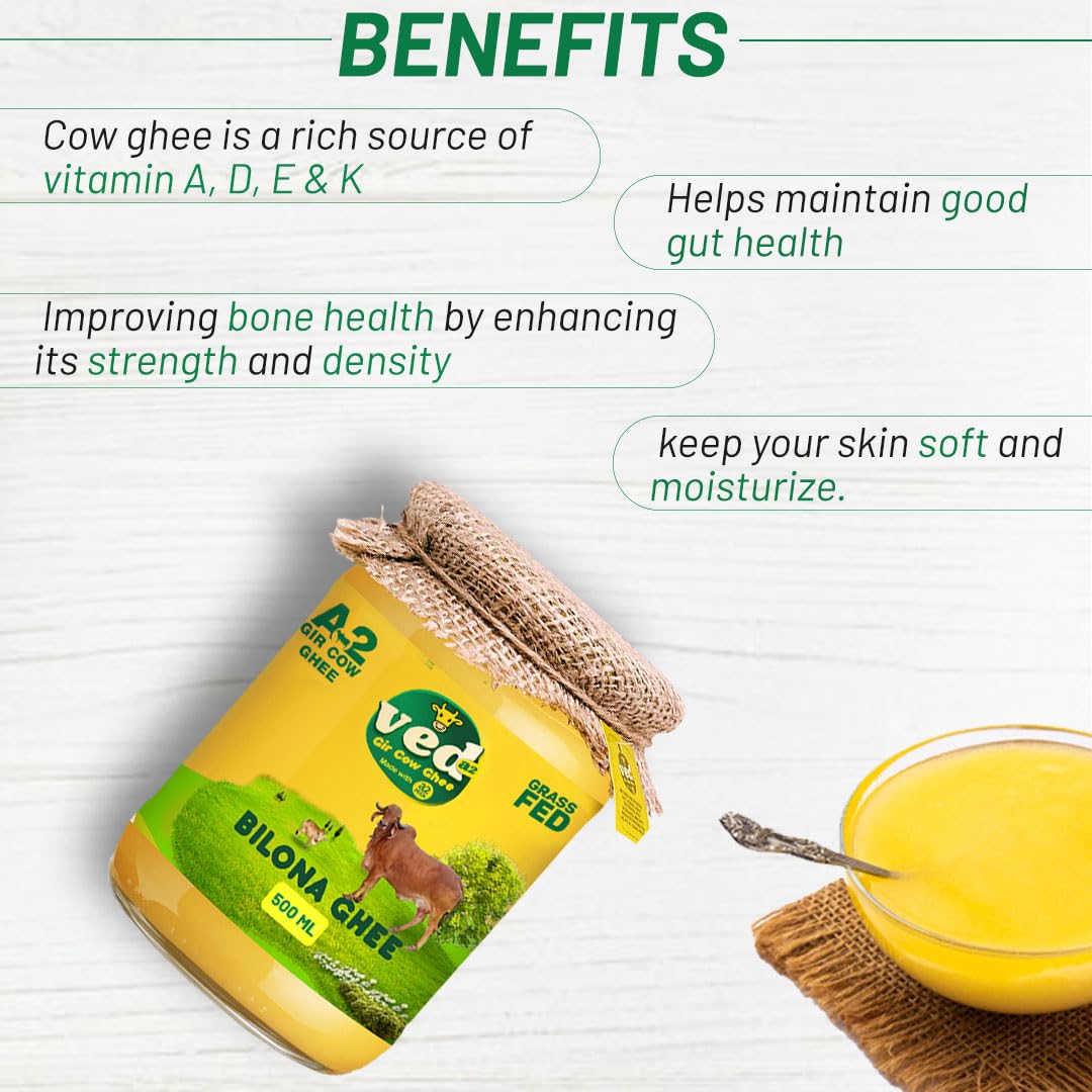 Pure Organic A2 Gir Cow Ghee By Ved-A2 | Traditional Bilona Method Healthy Desi Ghee Good For Parathe | (500ml) 16.9 Ounce | Jar Pack