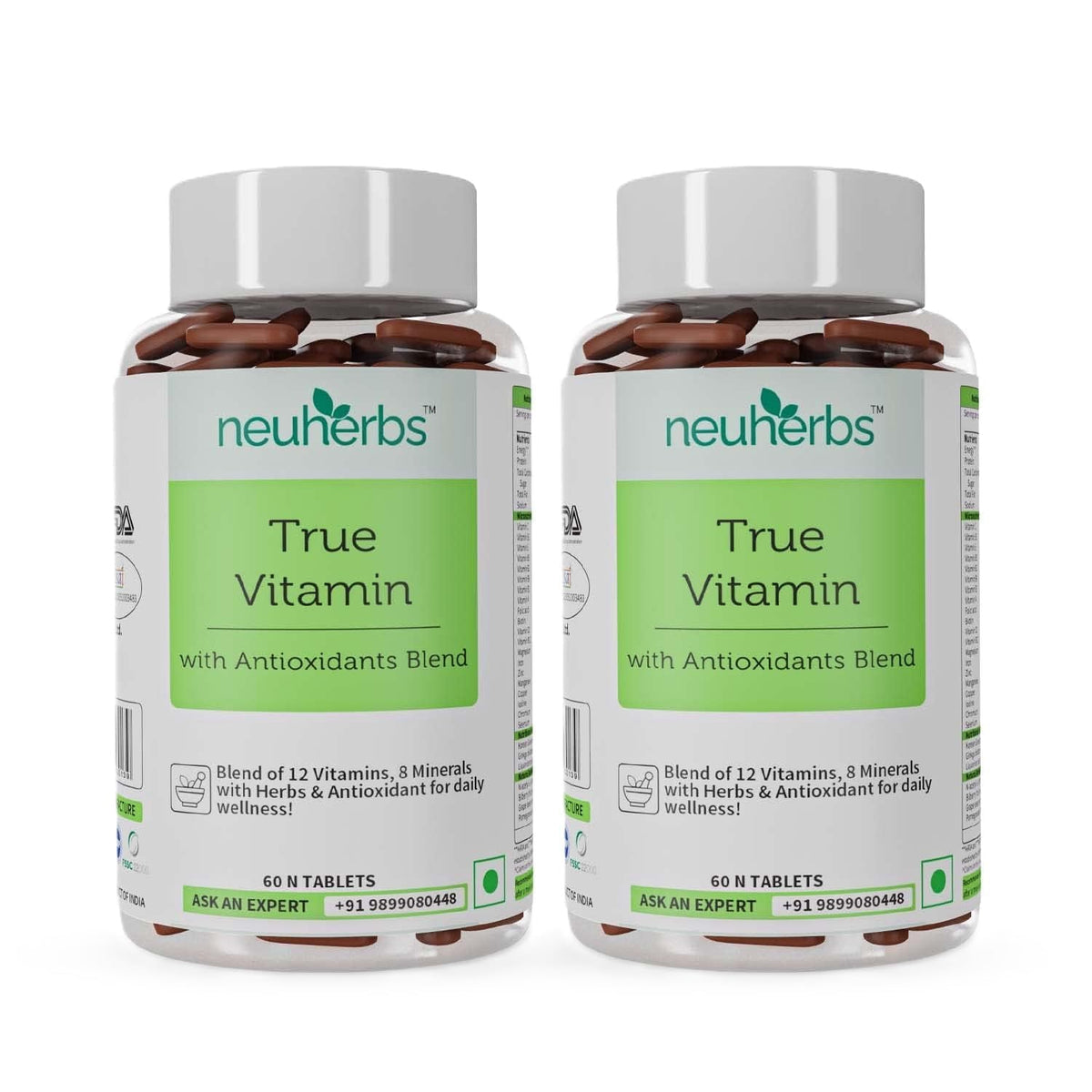 Neuherbs Multivitamin True Vitamin For Men & Women With Antioxidant & Herbs Blend Vitamin C, D3, Zinc, Ginseng Extract For Energy, Stamina & Immunity | 60 Tablets , 100gm 0.2lbs , Each Pack Of 2