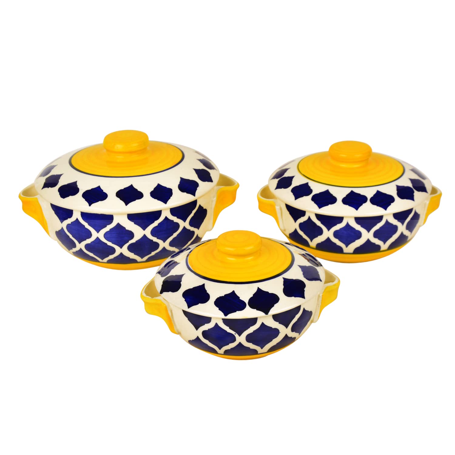 Hand Painted Large Ceramic Serving Donga Set With Lid & Handle Set Of 3 - Blue & Yellow, 1200ml, 1000ml & 800ml | Casserole Set - Dinner Serving Bowls With Lid