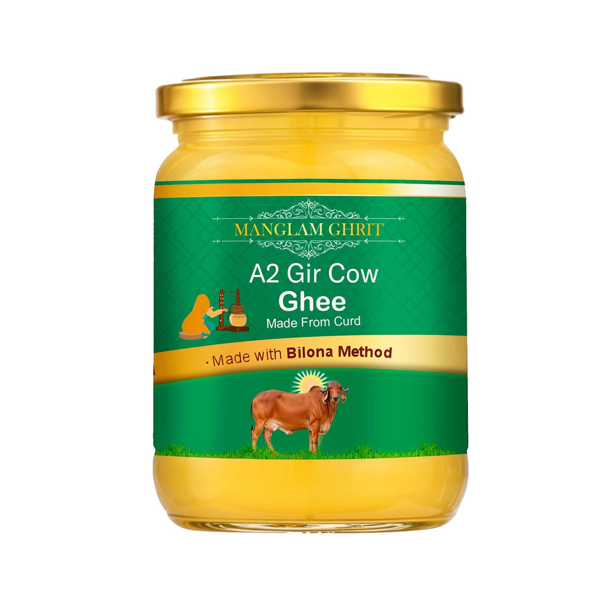 100% Pure A2 Gir Cow Desi Ghee By Mangalam Ghrit | Traditional A2 Ghee Bilona Method Healthy Bilona Ghee For Diet | (500ml) 16.9 Ounce | Jar Pack