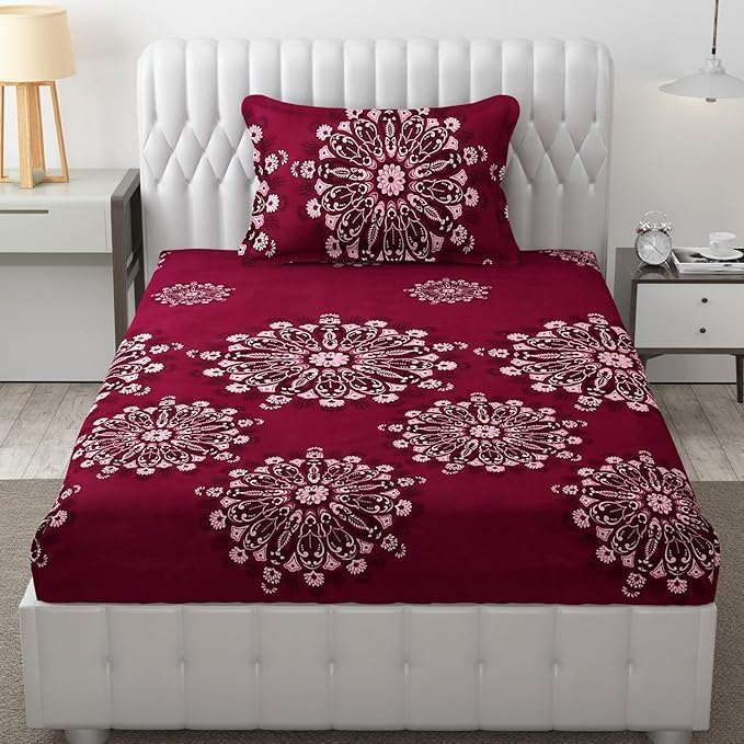 Bedsheet Single Size Elastic Fitted With 1 Pillow Cover - 48 X 72 X 8 Inches, Maroon | Soft Touch To Skin | Perfect Ideal For House, Hotel, Guest House Bedsheet