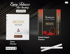 Aarogyam Herbals Pack Of 2 Flavours 100% Tobacco & Nicotine Free Cigarette For Relieve Stress & Mood Enhance Product Sweet Supari, Moody Clove Flavour - 10 Sticks X 2 Packets