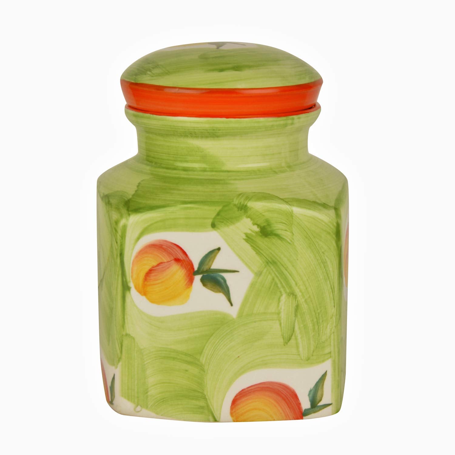 Hand Painted Ceramic Square Jar (Burni) With Lid 2000ml, Green & Orange | Ceramic Multi-Utility Storage Jar - Pickle Storage Jar