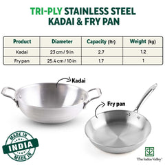 Triply Stainless Steel Cookware Set + Free Wooden Chopping Board | Kadai 23 Cm, 2.7 Liters + Fry Pan 25.4 Cm, 1.7 Liters - Kitchen Cooking Combo Pots & Pans Set Of 3 Pcs | Naturally Nonstick