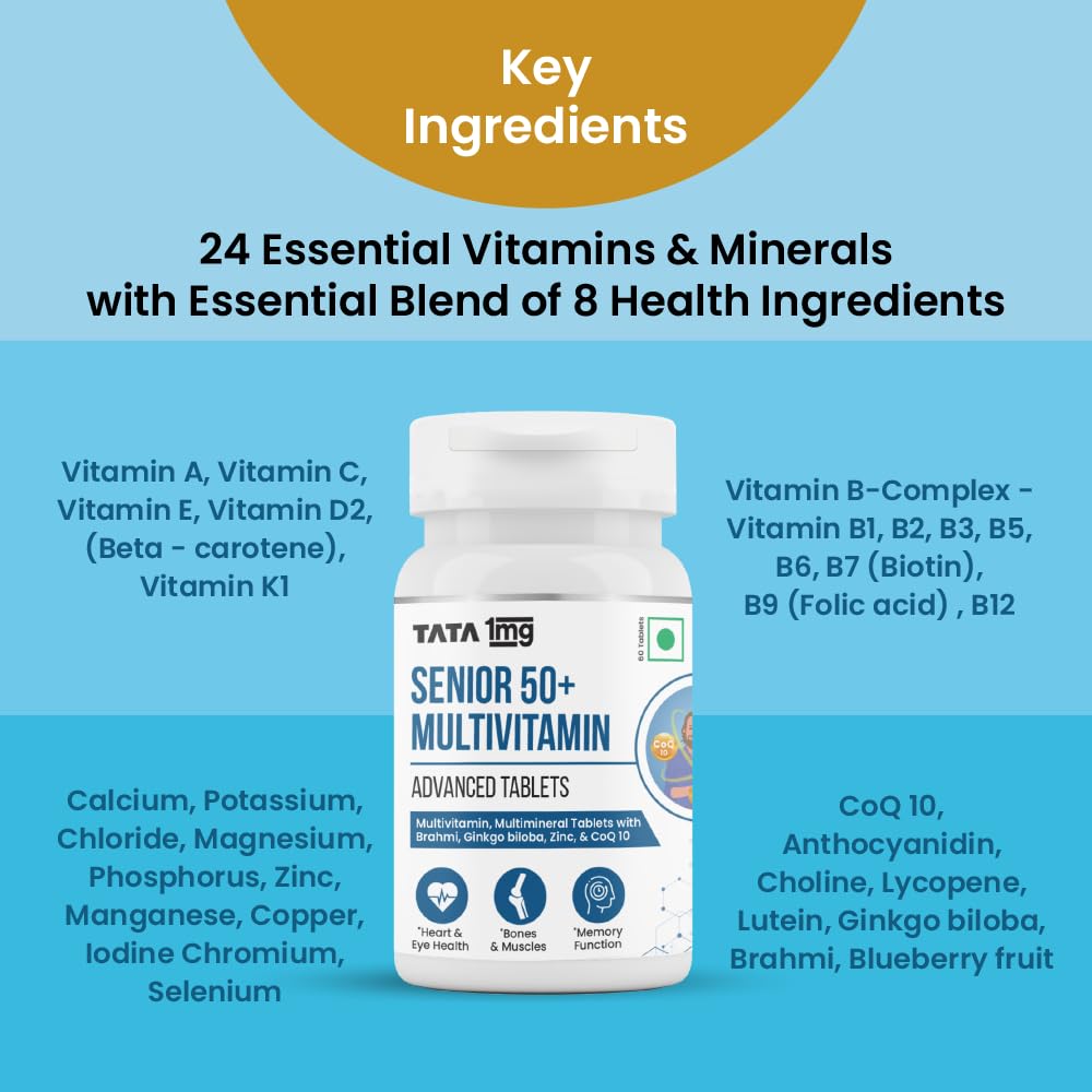 Tata 1mg Senior 50+ Multivitamin & Multimineral Veg Tablet With Zinc, Vitamin C, D, Calcium, Supports Strength & Overall Health For Unisex | 60 Tablets , 100gm 0.2lbs