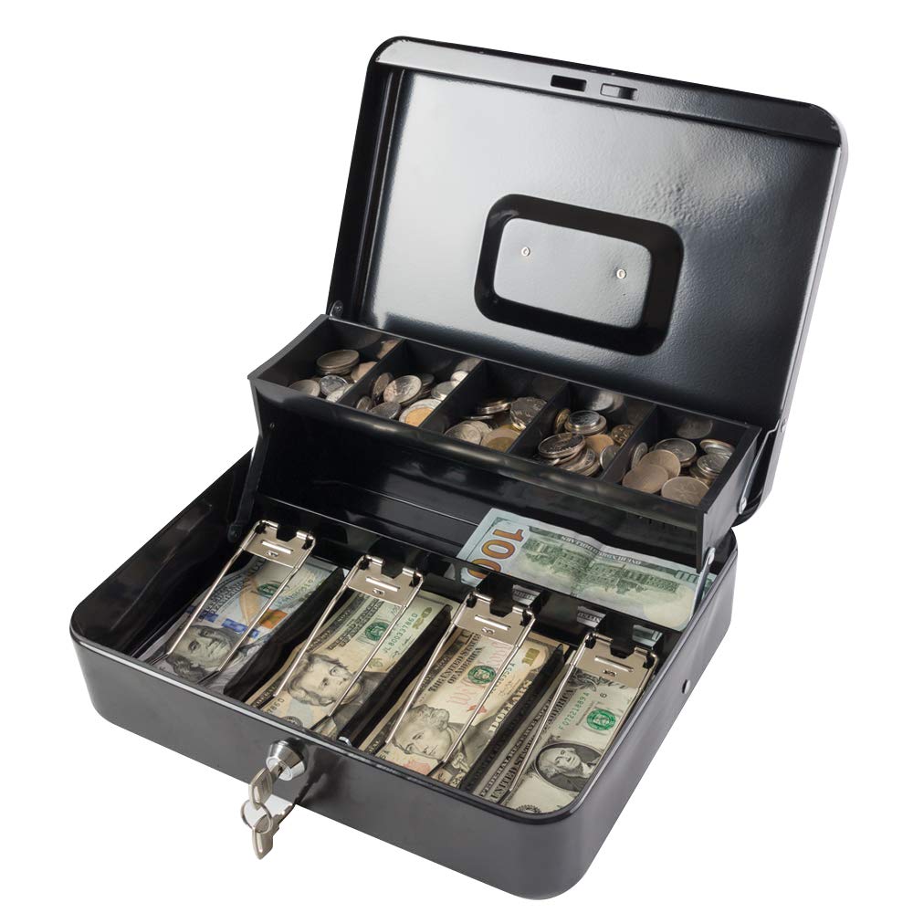 Locking Cash Box With Lock, Money Box With Cash Tray, Lock Safe Box With Key, Money Saving Organizer,11.81lx 9.45 Wx 3.54h Inches, Colour - Black Xl Large