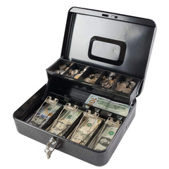 Locking Cash Box With Lock, Money Box With Cash Tray, Lock Safe Box With Key, Money Saving Organizer,11.81lx 9.45 Wx 3.54h Inches, Colour - Black Xl Large