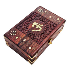 Exquisitely Hand Brass - Filled Traditional Wooden Om Box For Good Luck For Women, Jewellery 8 X 5 Inches, Colour - Brown, Retro Squares