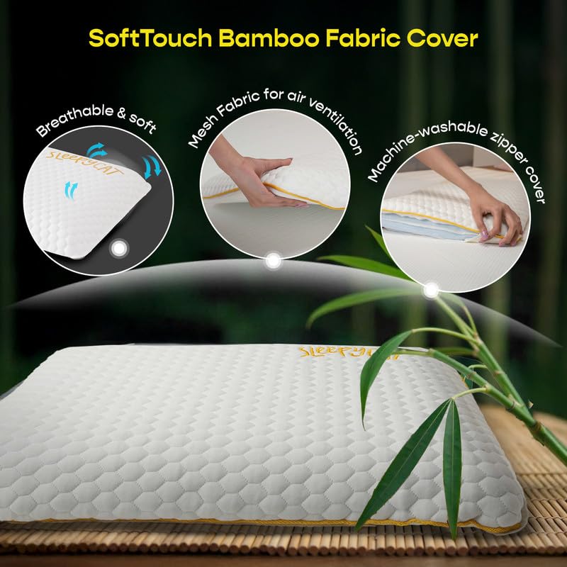 Slim Memory Foam Pillow, Thin Support Pillow For Pain Relief, Standard Size - 4.5 X 15 Inches, White & Sky-Blue | Premium Bamboo Zipper Cover, Neck Support, Removable Cover - Pack Of 1