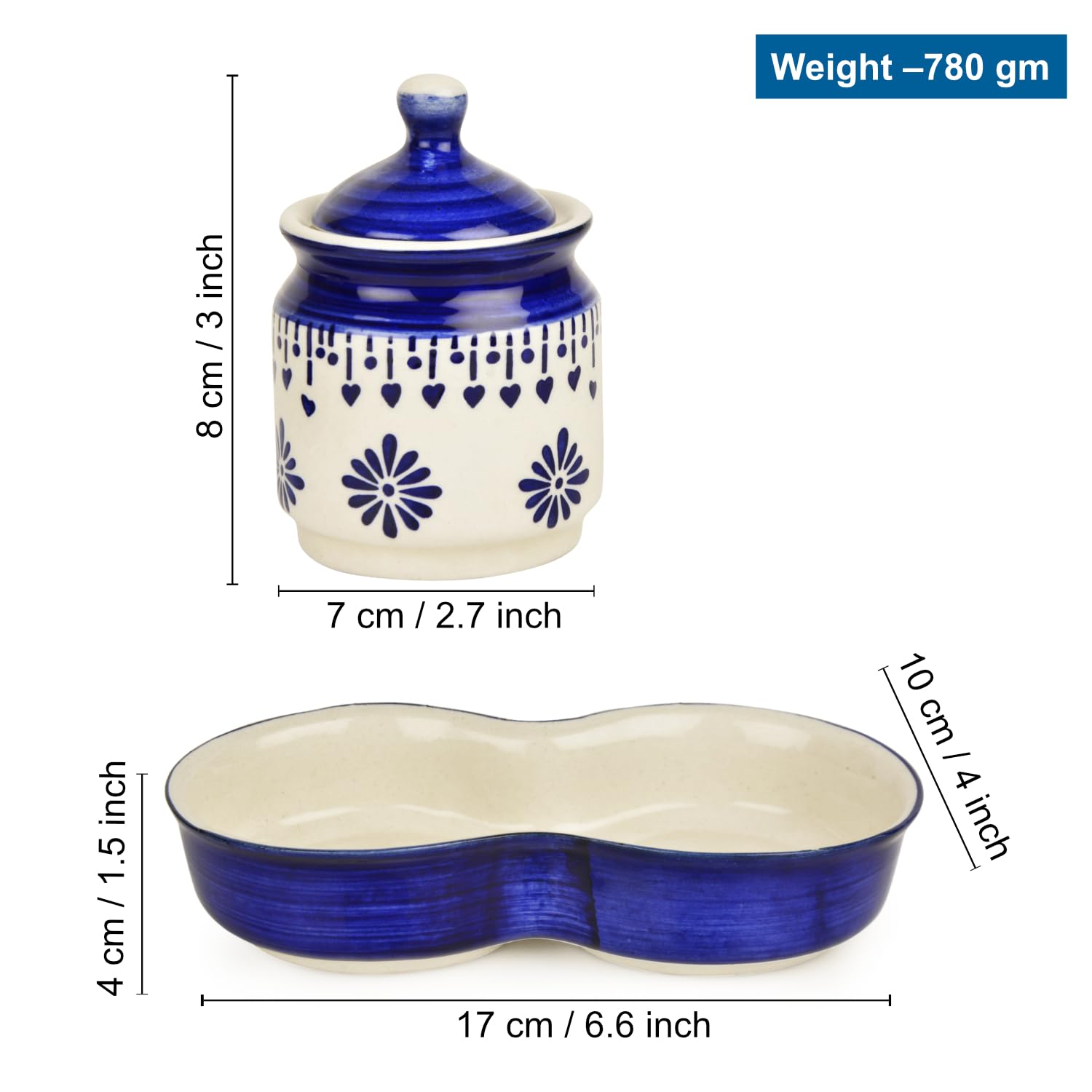 Hand Painted Ceramic Pickle Jar Set With Tray Set Of 2 - Blue & White, 250ml Each | Condiment Set, Masala Container - Pickle & Chutney Jar Set For Dining Table