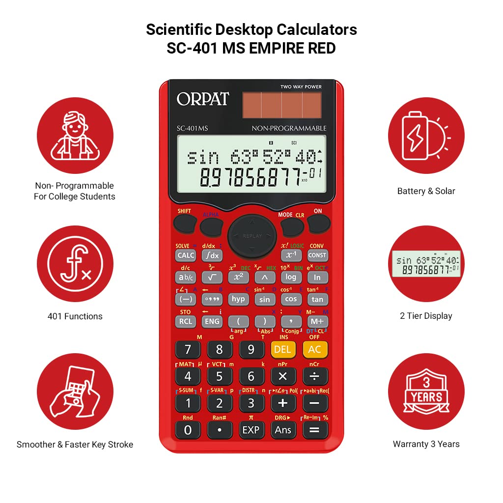Orpat Scientific Desktop Calculators SC-401 MS Empire Red | Battery & Solar - For Use Office, School, Home, College