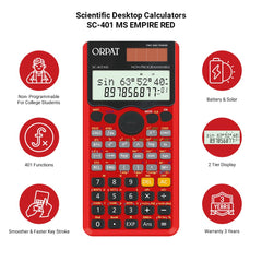Orpat Scientific Desktop Calculators SC-401 MS Empire Red | Battery & Solar - For Use Office, School, Home, College