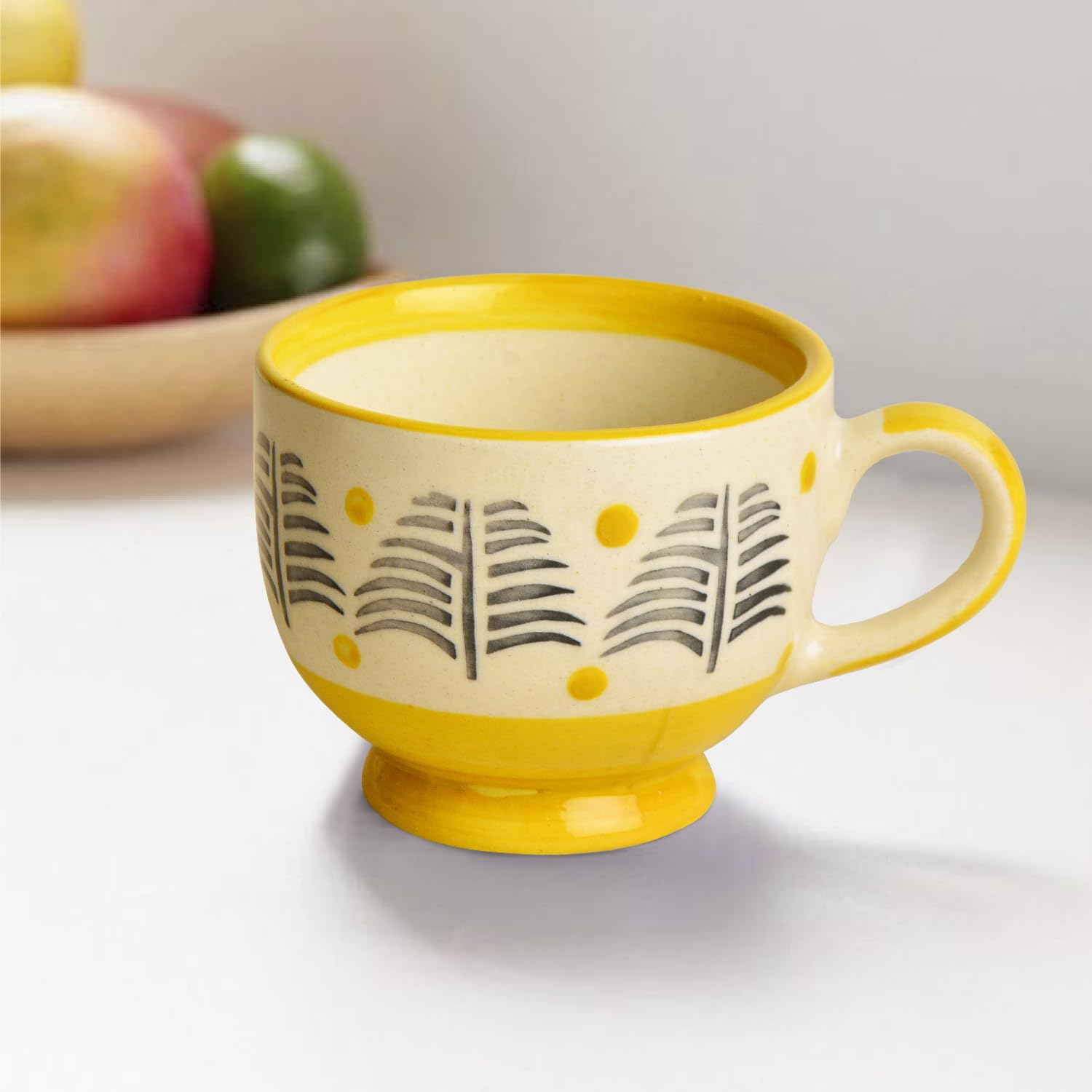 Hand Painted Ceramic Cup Set Of 6 - Yellow & Black, 150ml Each | Microwave Safe Tea Cups & Mugs - Chai Cups