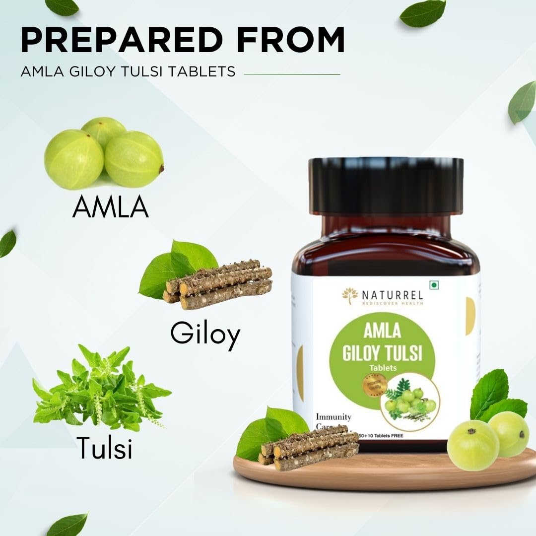 Naturrel Amla, Giloy And Tusi 3 - In -1, Stamina Booster & Resistance From Infections, Vitamin C, Supports Digestion, 100% Ayurvedic | 60 Tablets 100gm 0.2lbs
