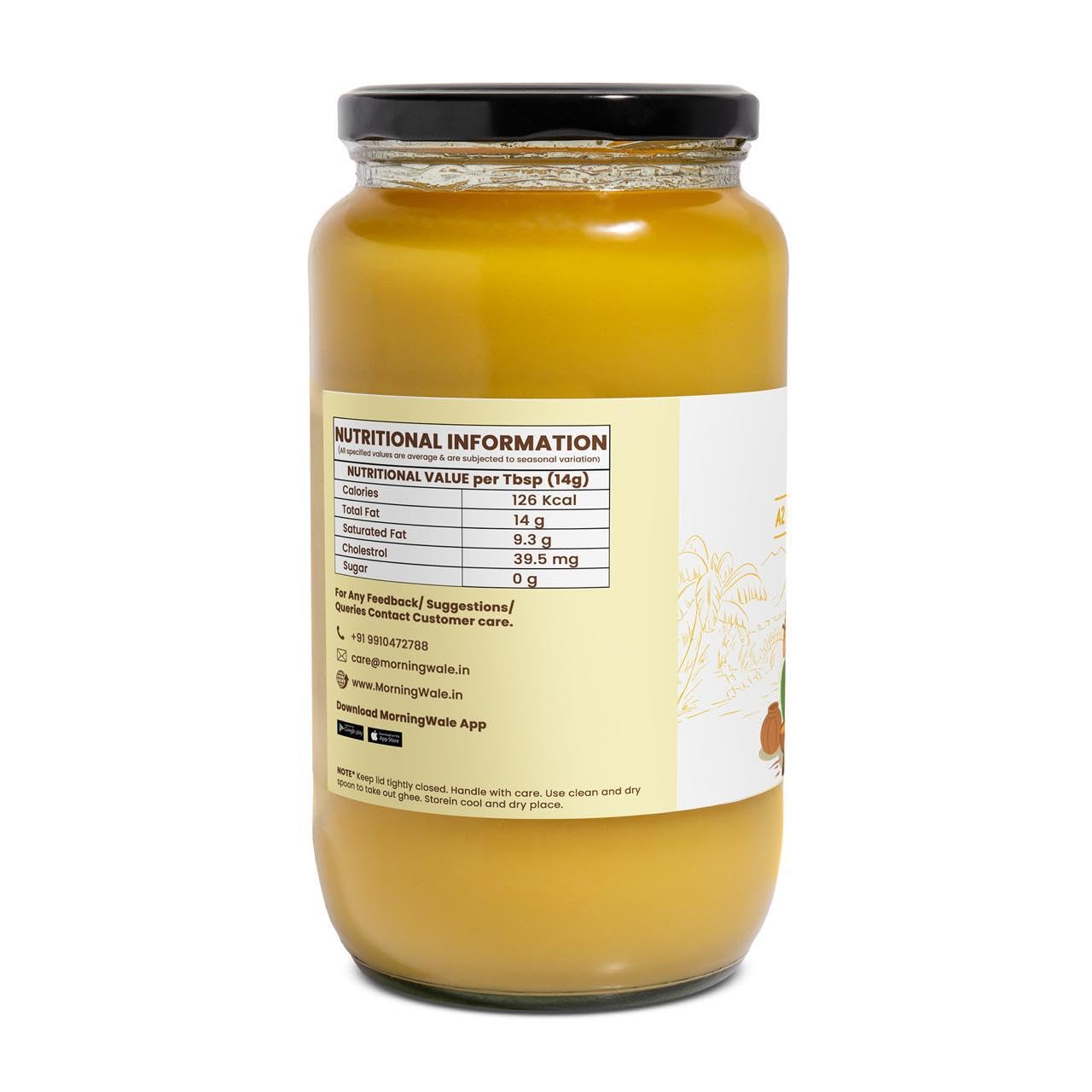 Premium A2 Gir Cow Bilona Ghee By Morning Wale | Vedic Bilona Traditional Curd Churned Desi Cow Ghee Perfect For Bones Health | ( 1 Litre) 33.8 Ounce | Jar Pack