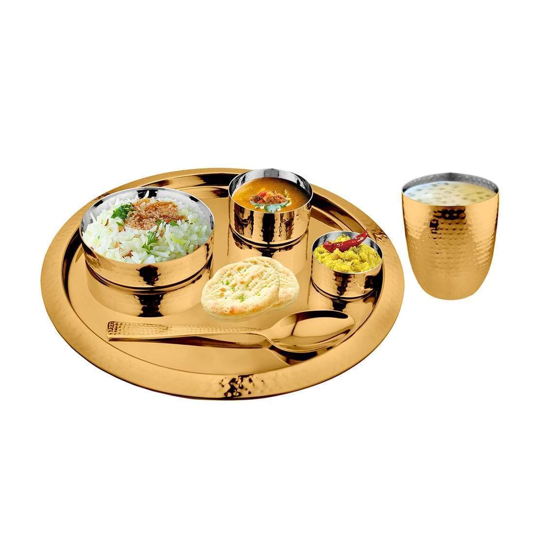 Stainless Steel Hammered Thali Set 6 Pieces, Gold | 1 Dinner Plate+ 1 Glass+ 2 Bowls+ 1 Spoon+ 1 Rice Bowl