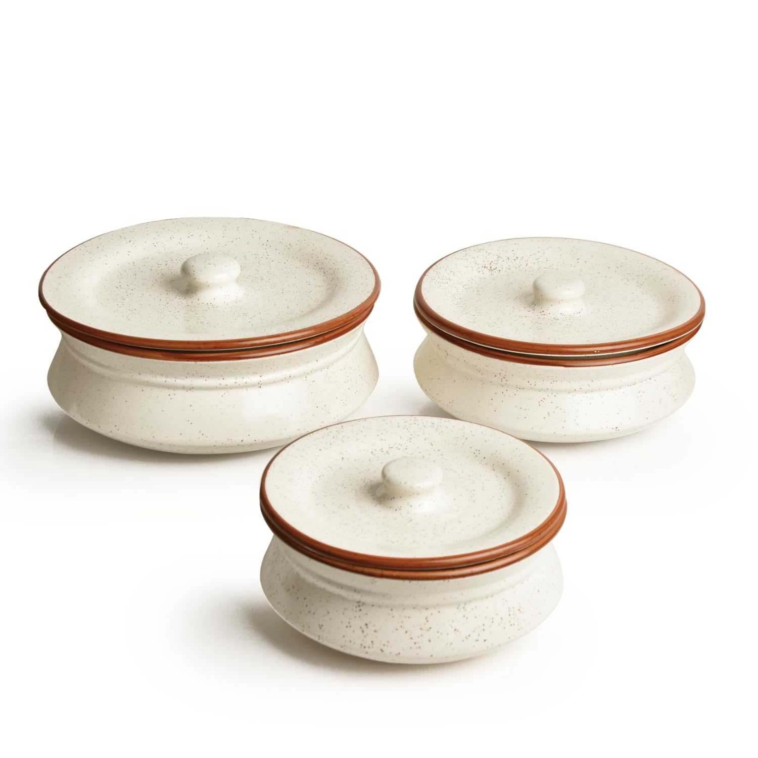 Hand Crafted Ceramic Handi With Lid Set Of 3 - 1500ml, 1000ml & 700ml, Off White | Dinner Serving Set - Serving Pots, Biryani Handis | Gift Pack