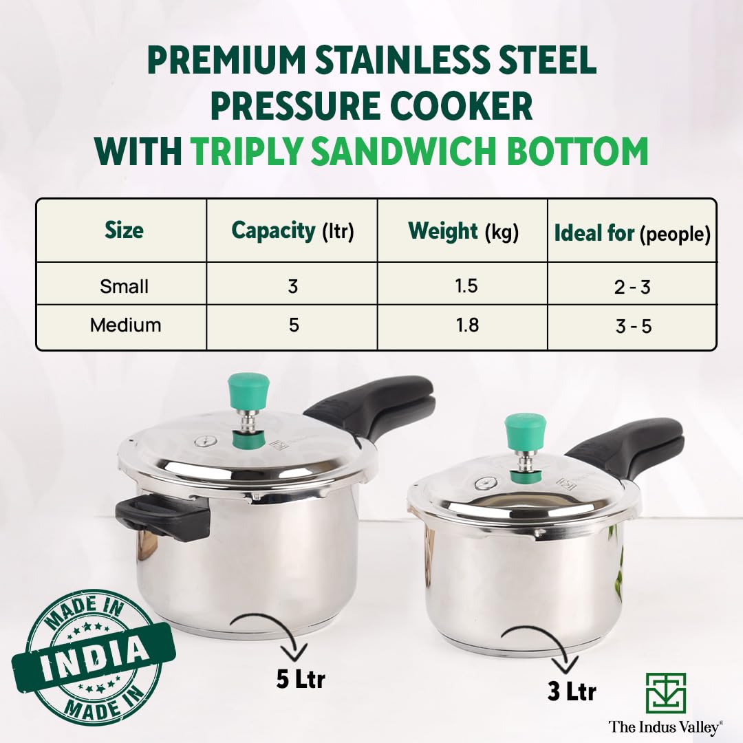 Stainless Steel Pressure Cooker Outer Lid 3 Liters For 2-3 People, 1.5 Kg | Induction Friendly, Small, ISI-Certified, Naturally Non-Stick, Tri-Ply Sandwich Bottom, 100% Pure & Toxin-Free, Long Lasting