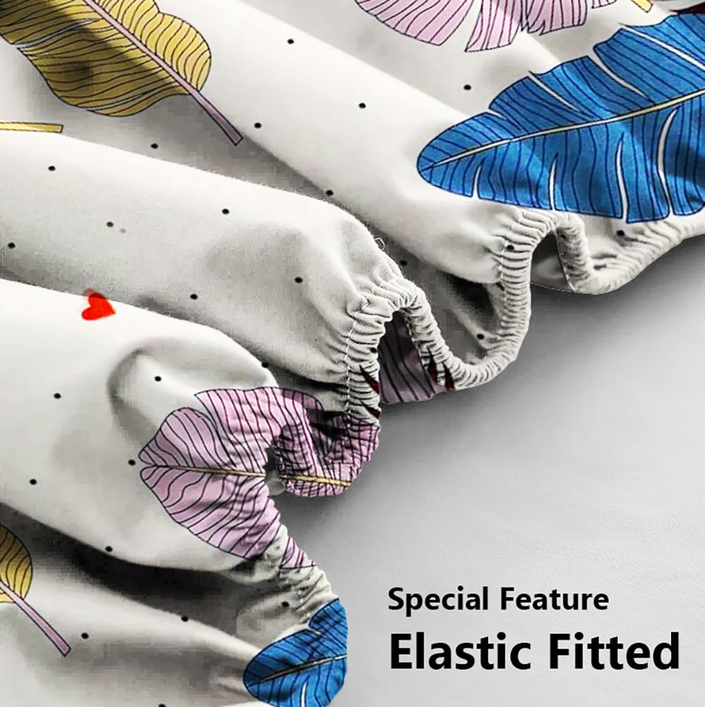 Elastic Fitted Bedsheets With 2 Pillow Covers - Size-72x68+6 Inches, Almond & Blue | Double Bed With Corner Fit Wrinkel Free Super Soft Floral Pattern Breathable Bedsheet