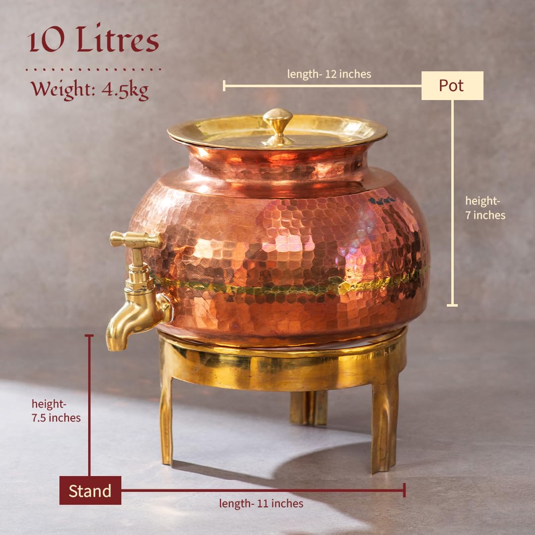 Pure Copper Water Dispenser (Matka), 10 Liters | Leak Proof Water Container Pot With Tap For Ayurvedic Health Benefits