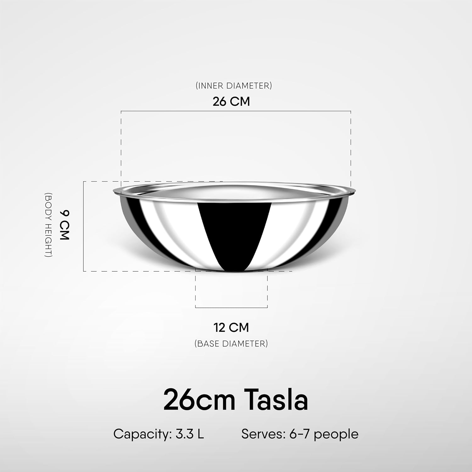 Artisan Triply Stainless Steel Tasla With Lid | Without Handle Kadai Induction Base 3.3 Liters, 26cm