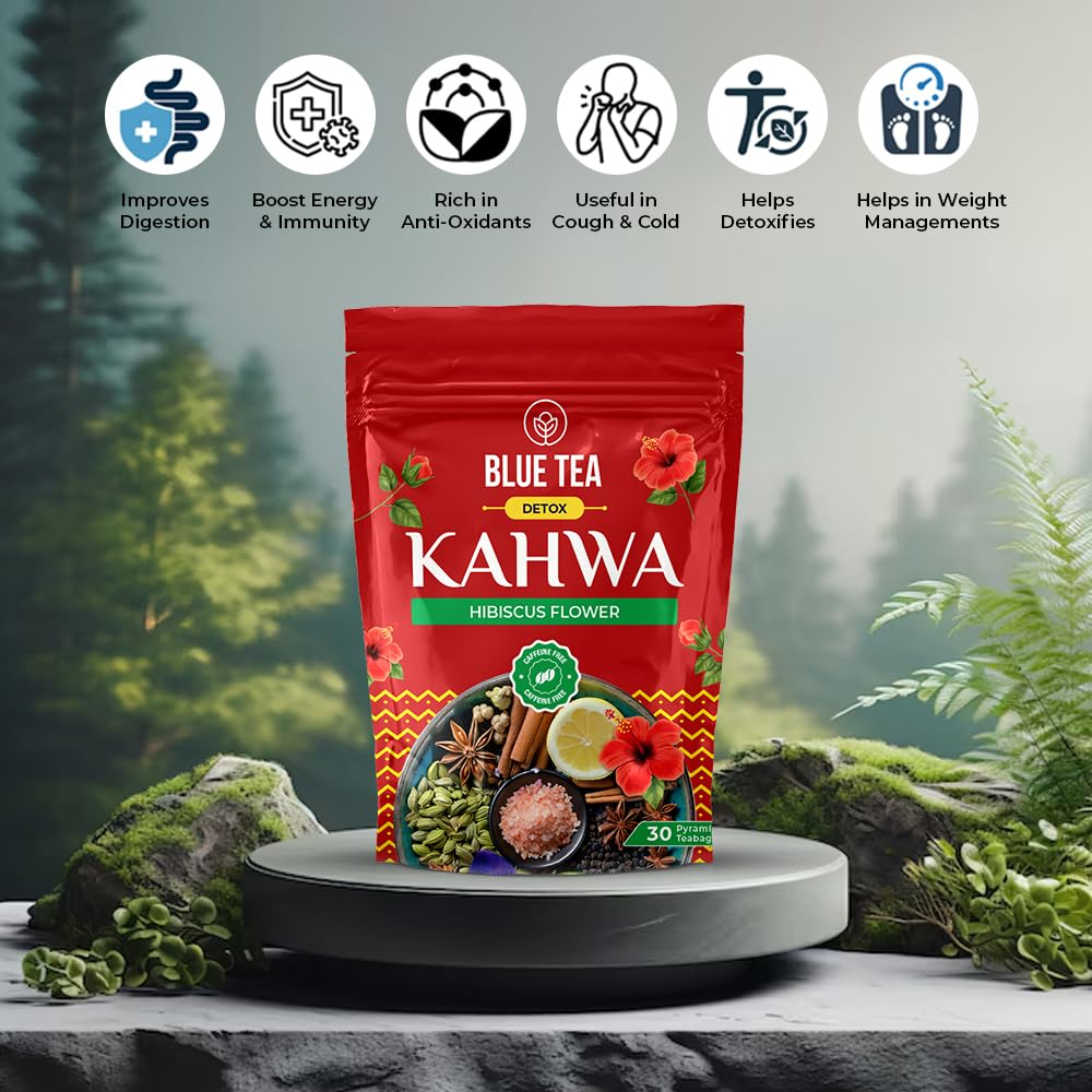 Blue Tea Detox Kahwa Hibiscus Flower Tea - 30 Pyramid Tea Bags | Detox Blend Improves Immunity - Caffeine Free, No-Additives, Non GMO | Plant Based Tangy Taste - Zipper Pack