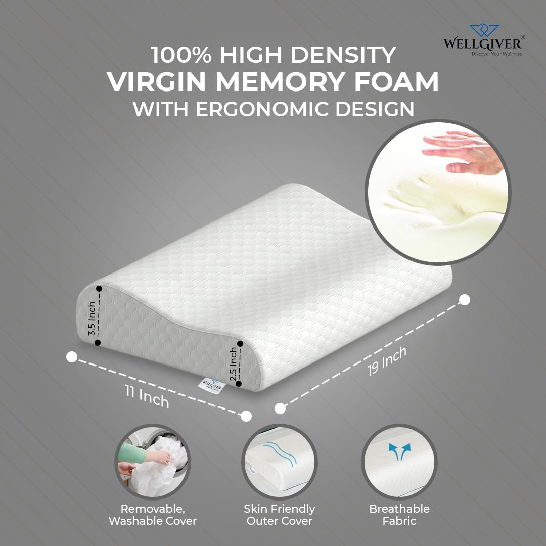 Memory Foam Cervical Pillow, Orthopedic Pillow, Standard Size - 19 X 11 Inch | White Pillow, Neck Support Pillow For Sleeping, Neck & Shoulder Pain | Removable Zipper Cover - Pack Of 1