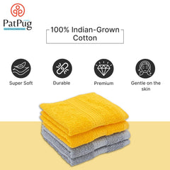 Patpug 100% Indian Ultra Soft Cotton Face Towel 500 Gsm | Napkin, Baby Face Towel, For Facewash, Gym, Travel, Hanky (Silver Grey & Sunrise Yellow) | Pack Of 4
