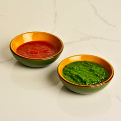 Studio Pottery Ceramic Chrome Green Round Shape Dip Bowls Set Of 2 - 50ml Each | Mini Bowls, Ketchup Bowls - Chutney, Sauce, Pickle Bowls