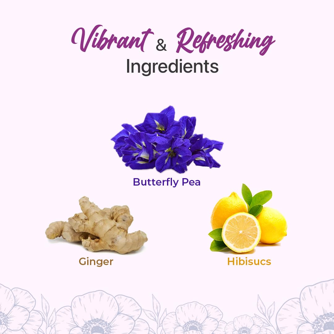 Blue Tea Caffeine Free Purple Tea With Ginger & Lemon - 50gm Tin, 1.7 Ounce, 50 Cups | Flower Based Gifting Delight Tea - Gluten Free, Non-Bitter | No Added Colors, No Preservatives