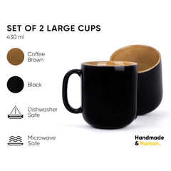 Large Ceramic Coffee Mug Set Of 2 - Black & Brown, 400ml Each | Ceramic Belly Mug, Tea Mug With Matte Finish - Mug For Coffee | Ceramic Coffee Mug - Microwave Safe & Dishwasher Safe