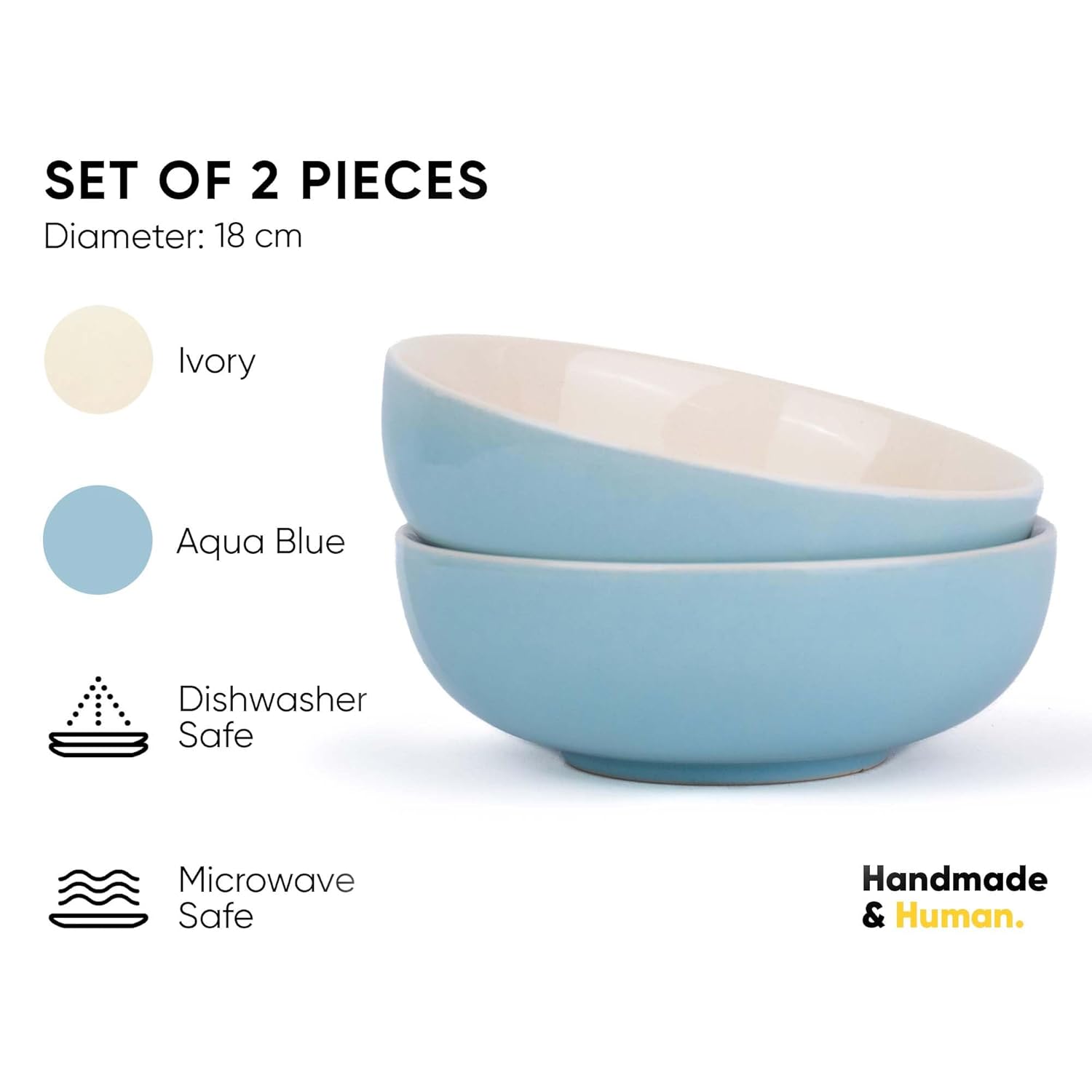 Ceramic Pasta Bowl Set Of 2 Pieces - 18cm, Subtle Blue, 800ml Each | Stoneware Ceramic Serving Bowls | Pasta Plate - Deep Plate | Ceramic Bowl With Glossy Finish - Pasta Serving Plate