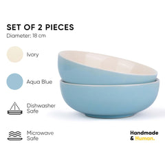 Ceramic Pasta Bowl Set Of 2 Pieces - 18cm, Subtle Blue, 800ml Each | Stoneware Ceramic Serving Bowls | Pasta Plate - Deep Plate | Ceramic Bowl With Glossy Finish - Pasta Serving Plate