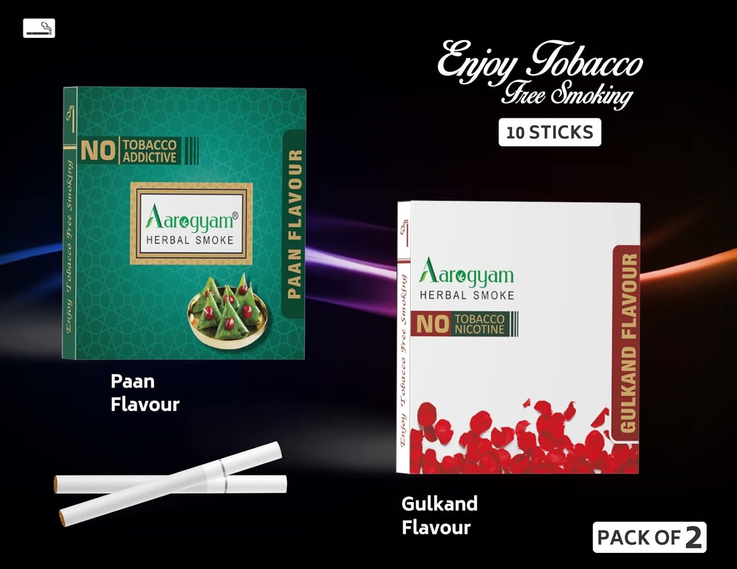 Aarogyam Herbals Pack Of 2 Flavours 100% Tobacco & Nicotine Free Cigarette For Relieve Stress & Mood Enhance Product Paan, Gulkand - 10 Sticks X 2 Packets