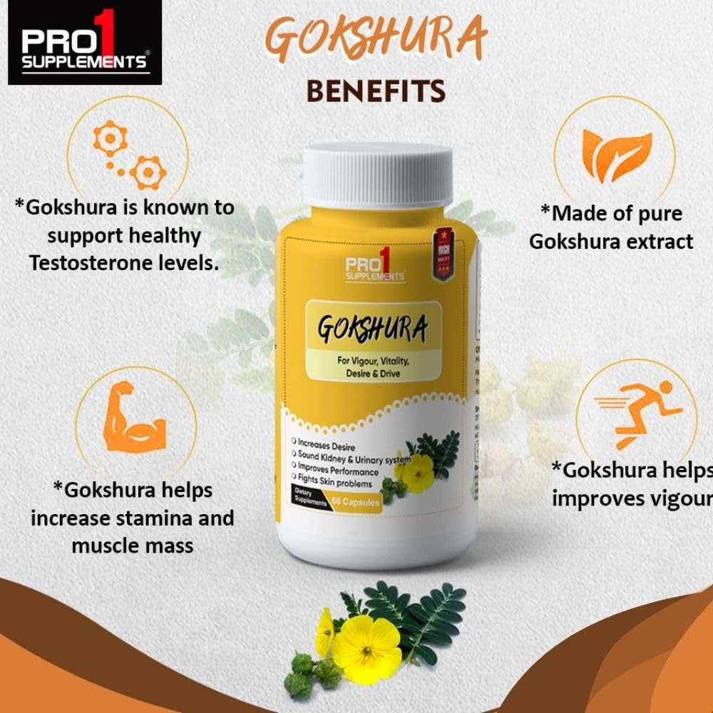 Pro1 Supplements Gokhru Gokshura Tribulus Terrestris Capsules For Men & Women, Boosts Vitality & Stamina, Supports Gut Health | 60 Veg Capsules 100gm 0.2lbs