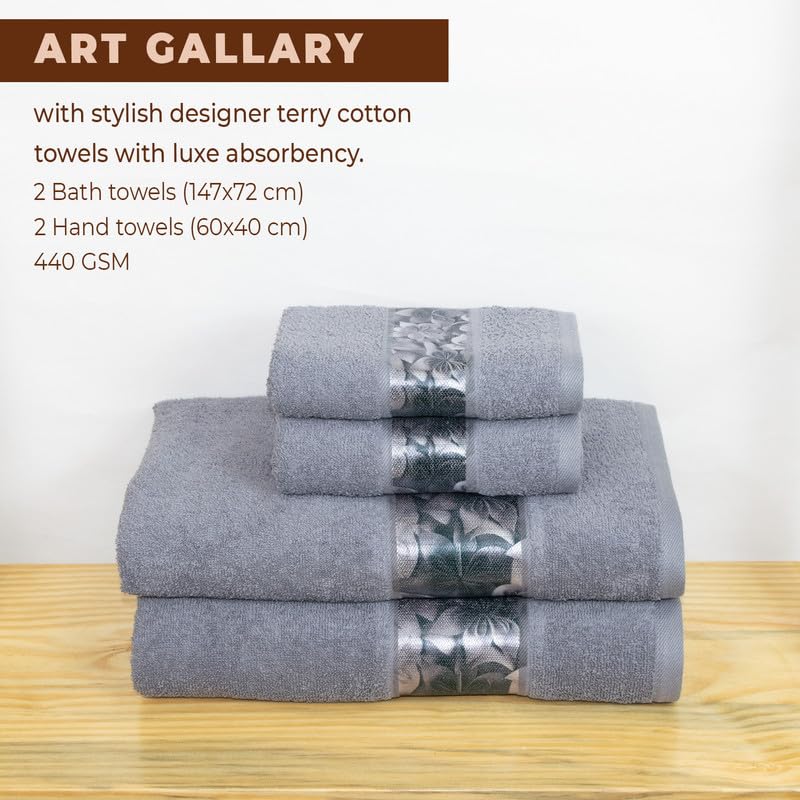 Rangoli 100% Cotton Fibre 2 Hand & 2 Bath Towels 1400 Gsm | Highly Durable & Absorbent With Printed Border | Quick Drying Towels (Grey) - Pack Of 4