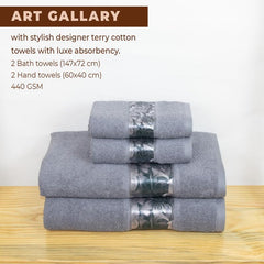 Rangoli 100% Cotton Fibre 2 Hand & 2 Bath Towels 1400 Gsm | Highly Durable & Absorbent With Printed Border | Quick Drying Towels (Grey) - Pack Of 4
