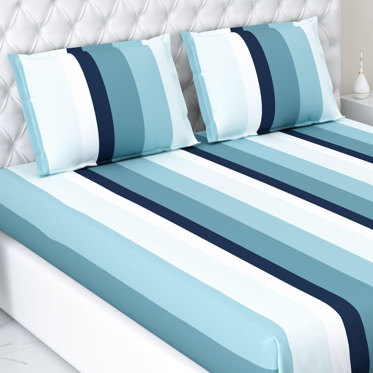 King Size Bed For Elastic Fitted Bedsheet With 2 Pillow Covers | 72 X 78 X 10 Inches, Blue White | Softness, Durability & Comfort | Perfect For Everyday Use